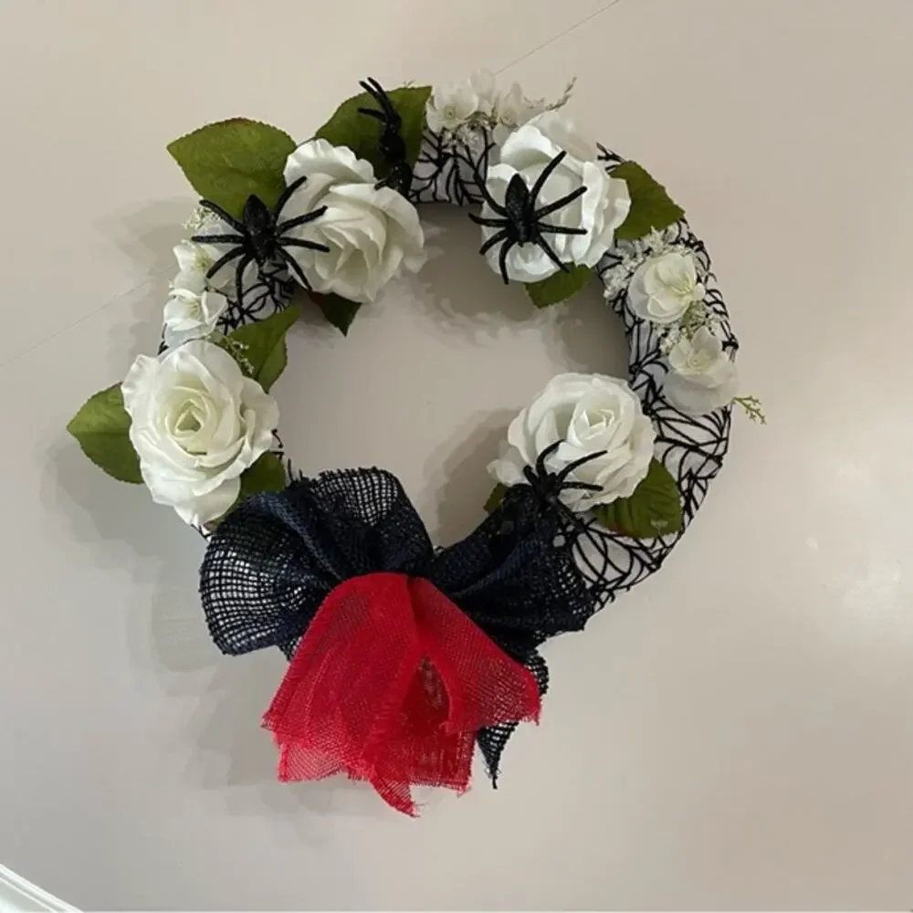 Halloween Spider Wreath White Roses Black Bow 11
